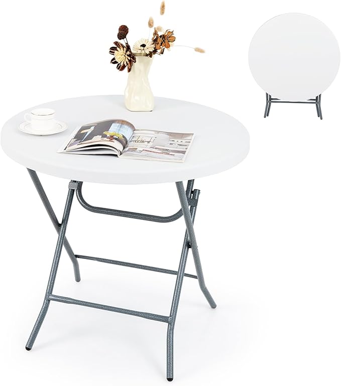 Tangkula 32" Round Folding Table, Portable Picnic Table with All-Weather HDPE Tabletop, Heavy-Duty Metal Frame, Heavy Duty Plastic Outdoor Table for Camping, Dining, BBQ, Party, No Assembly Needed