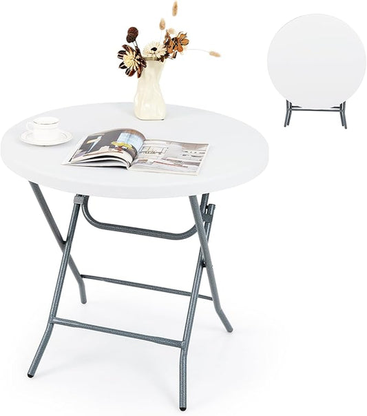 Tangkula 32" Round Folding Table, Portable Picnic Table with All-Weather HDPE Tabletop, Heavy-Duty Metal Frame, Heavy Duty Plastic Outdoor Table for Camping, Dining, BBQ, Party, No Assembly Needed