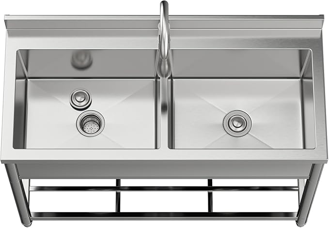 GGW 2-Compartment Commercial Sink, Stainless Steel Utility Sink with Pull-out Faucet, Free Standing Double Bowl Kitchen Sink for Restaurant, Garage, Shop, Cafe, Outoor, 21.7"D x 47.2"W x 37"H