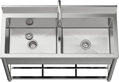 GGW 2-Compartment Commercial Sink, Stainless Steel Utility Sink with Pull-out Faucet, Free Standing Double Bowl Kitchen Sink for Restaurant, Garage, Shop, Cafe, Outoor, 21.7"D x 47.2"W x 37"H