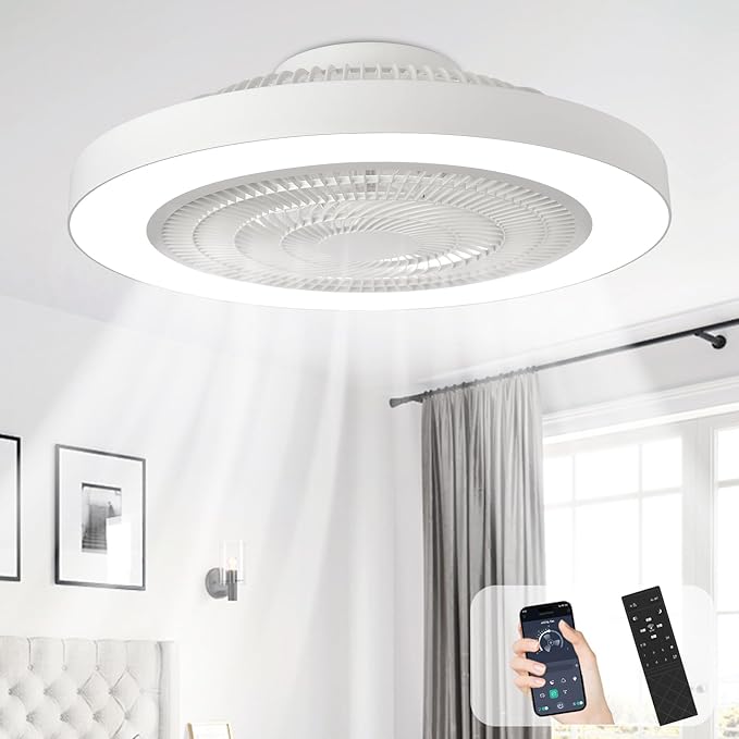 Depuley Modern Ceiling Fan with Light: 19" Bladeless Flush Mount Low Profile LED Ceiling Fans with Remote & Smart APP Control - White Enclosed Fandelier Dimmable Quiet DC Motor for Bedroom Kids Room