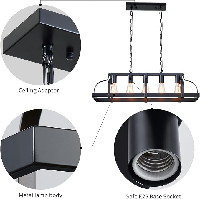 WUZUPS 5-Light Metal Chandelier Linear Pendant Ceiling Lighting Rustic Farmhouse Fixture Kitchen Island Dining Room, H 8.5" L 31.5" W10, E26 Base, Black