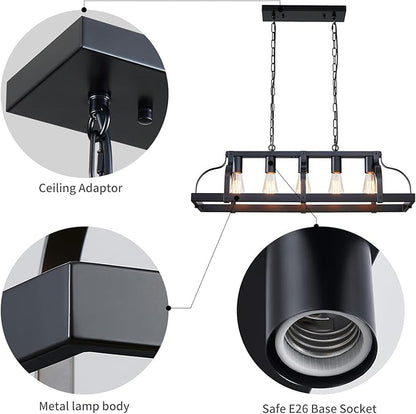 WUZUPS 5-Light Metal Chandelier Linear Pendant Ceiling Lighting Rustic Farmhouse Fixture Kitchen Island Dining Room, H 8.5" L 31.5" W10, E26 Base, Black
