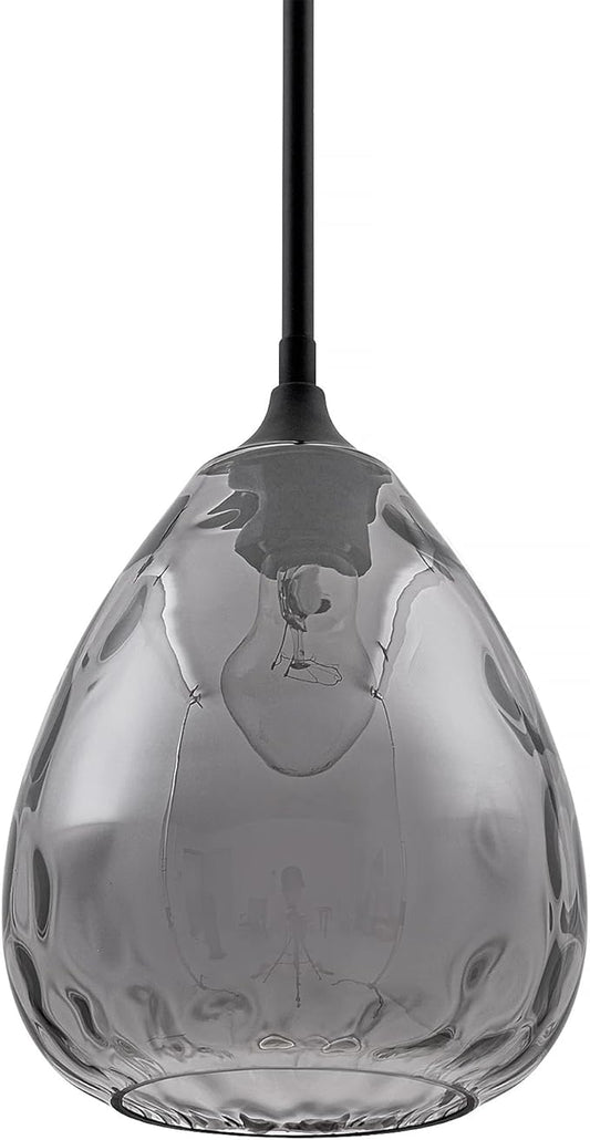 Smoked Hammered Glass Pendant Light with Matte Black Accent, Adjustable Hanging Lamp for Kitchen, Dining Room, and Living Room (Black & Smoked Glass)