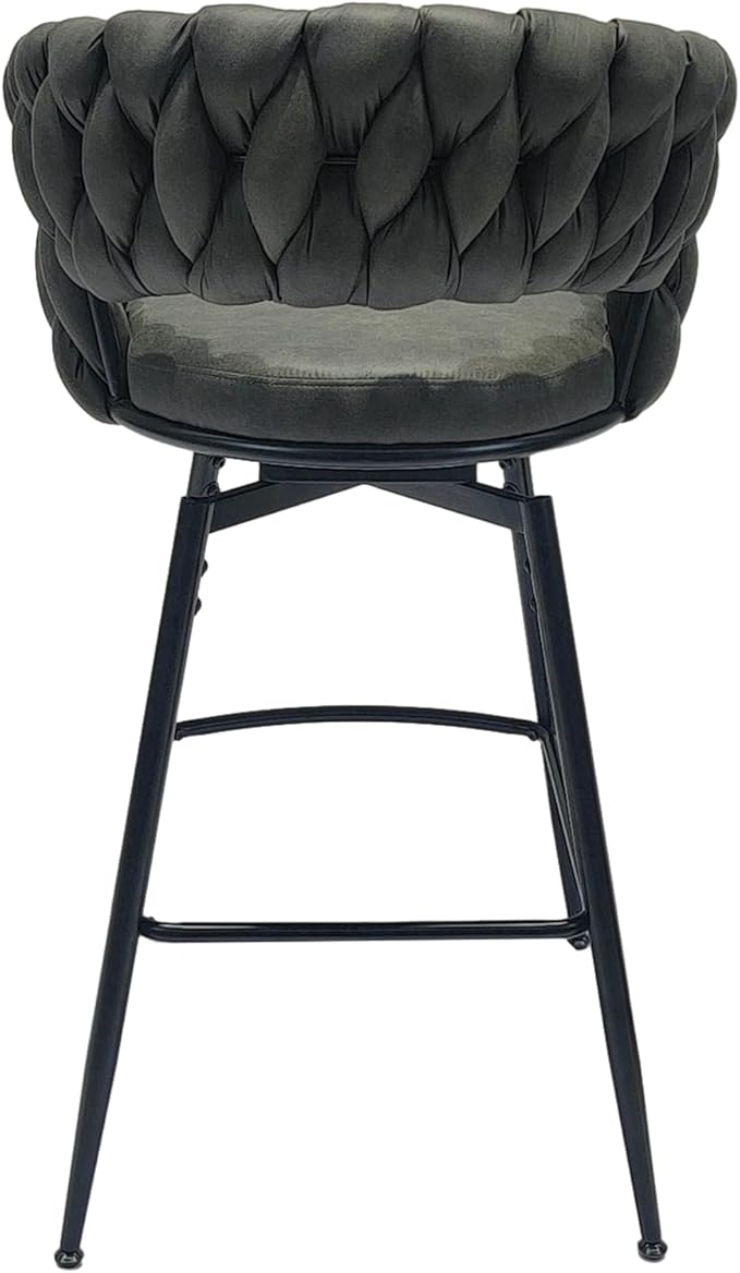 GOWE 28" Technical Leather Woven Bar Stool Set of 2,Black Legs Barstools No Adjustable Kitchen Island Chairs,360 Swivel Bar Stools Upholstered Counter Stool Arm Chairs with Back Footrest (Tan)