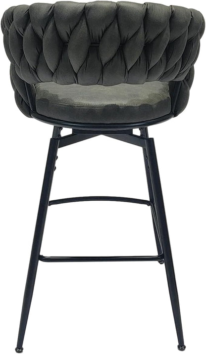 GOWE 28" Technical Leather Woven Bar Stool Set of 2,Black Legs Barstools No Adjustable Kitchen Island Chairs,360 Swivel Bar Stools Upholstered Counter Stool Arm Chairs with Back Footrest (Tan)
