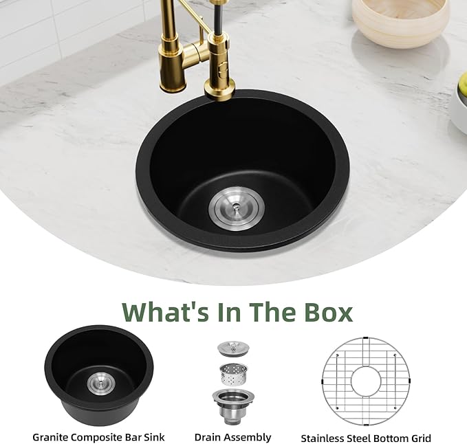 Davivy 15 Inch Black Round Bar Sink,15x15 Dual-Mount Small Granite Bar Prep Sink, Quartz Composite Single Bowl Design with with Bottom Grid & Strainer