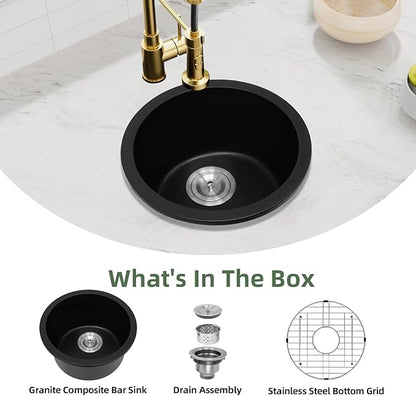 Davivy 15 Inch Black Round Bar Sink,15x15 Dual-Mount Small Granite Bar Prep Sink, Quartz Composite Single Bowl Design with with Bottom Grid & Strainer