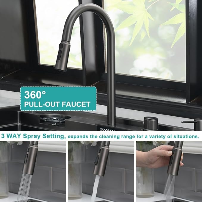33 Inch Drop In Waterfall Kitchen Sink Black-iAnomla 33x19 Black Kitchen Sink Drop In Top Mount Modern Sinks with Cup Washer 16 Gauge Single Bowl Deep Multifunctional Smart Sinks and Faucet Combo