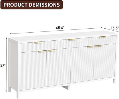 Yanosaku 66" W Fluted Buffet Cabinet, Sideboard Storage Cabinet with 3 Drawers & 2 Cabinets, Mid-Century Coffee Bar Table for Living Room, Dinning Room, White