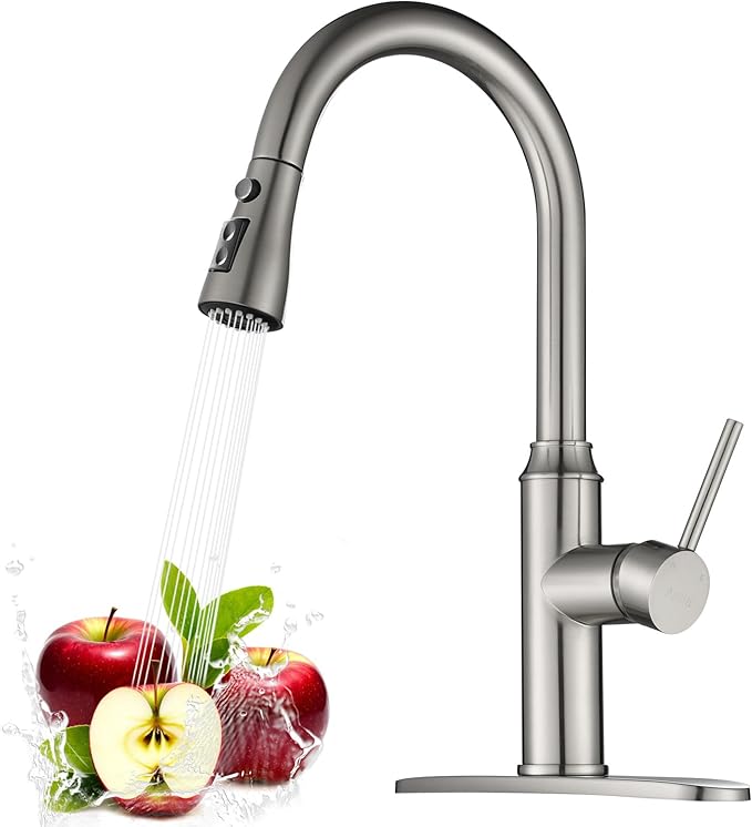 Arofa Kitchen Faucet with Pull Down Sprayer, Brushed Nickel Kitchen Sink Faucet 1-3 Hole Single Handle High Arc Stainless Steel Commercial Modern Kitchen Faucets for RV/Laundry/Outdoor/Bathroom Sink