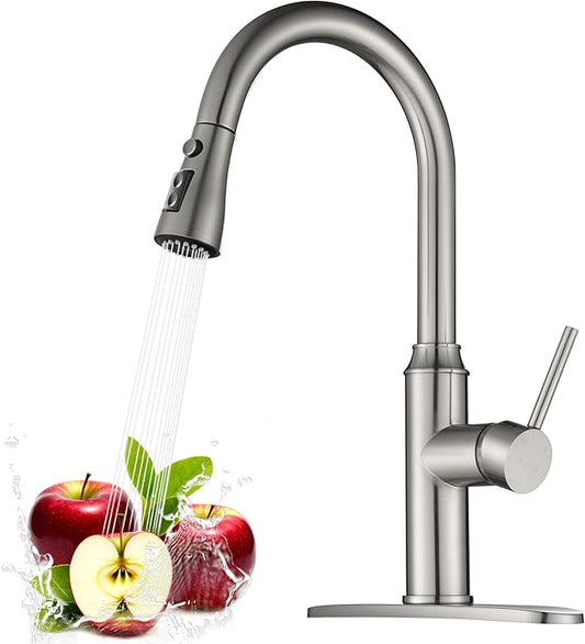 Arofa Kitchen Faucet with Pull Down Sprayer, Brushed Nickel Kitchen Sink Faucet 1-3 Hole Single Handle High Arc Stainless Steel Commercial Modern Kitchen Faucets for RV/Laundry/Outdoor/Bathroom Sink