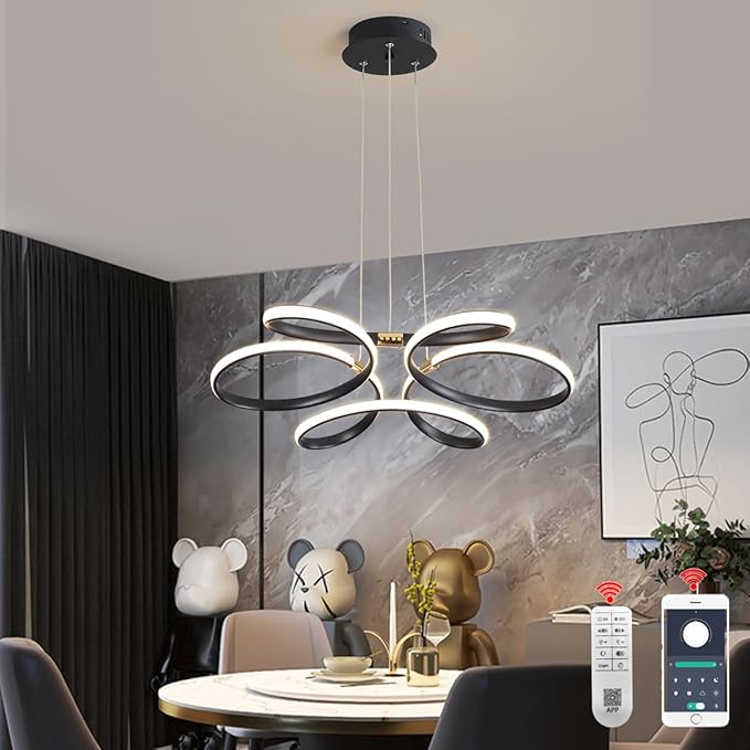 23 inch Modern Chandelier for Dining Room, Kitchen Chandelier & Entryway, Dimmable LED Pendant Light with Adjustable Height, 32W for Hallway, Living Room, Bedroom (Black M)