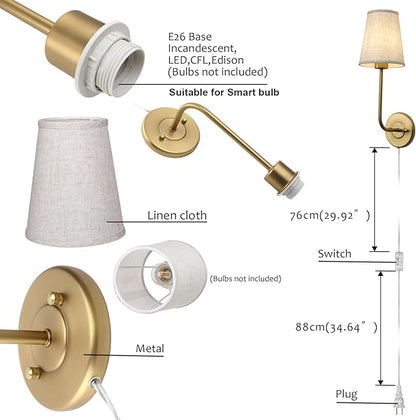 Pathson Set of 2 Plug in Fabric Wall Sconce Linen Cloth Shade, 1-Light Vintage Wall Light Fixture for Living Room Bedroom
