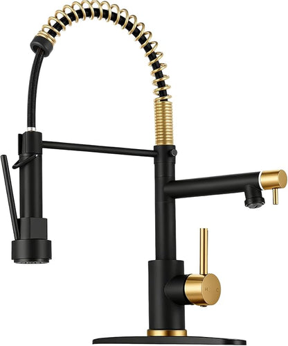 Kitchen Faucet with Pull Down Sprayer - Black & Brushed Gold Single Handle Commercial Kitchen Faucets, 2-Spout Kitchen Sink Faucet, Stainless Steel Spring Pull Out Sink Faucet 1/3 Hole