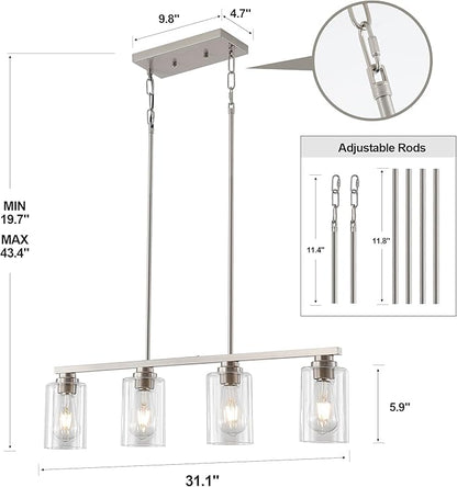 Mecgirn Island Light for Kitchen, Brushed Nickel Dining Room Light Fixture Over Table, 4-Light Linear Chandelier Pendant Lighting for Dining Table Kitchen Island Living Room
