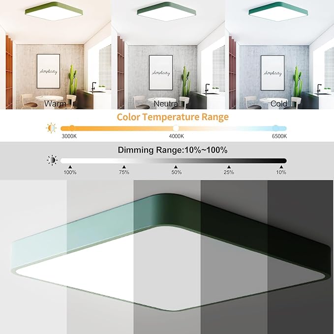 LED Ceiling Light Fixture,20 Inch Modern Square Recessed Ceiling Lights,48W 3000K-6000K Dimmable Light,Green Close to Ceiling Lighting Flush Mount for Bedroom Living Room Ceiling Lamp
