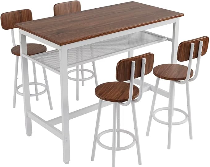 5-Piece Bar Height Table and Chairs Set – Modern Kitchen Table with 4 Bar Stools,Compact Dining Table Chairs Set ,Bar Table and Chairs Set for Kitchen Island Seating & Dining Room (Brown+White.)