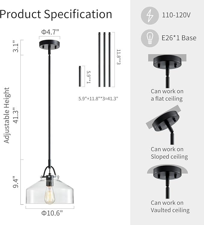 WUZUPS Chandelier Rustic Farmhouse Industrial Round Ceiling Pendant LED Light Fixture with Clear Glass Shades for Dining Room Kitchen Island Foyer Entryway, H 9.4" x W 10.6", E26 Base, Black