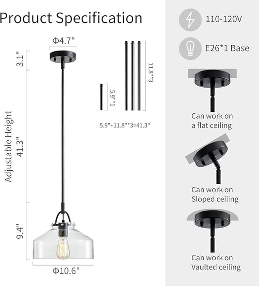 WUZUPS Chandelier Rustic Farmhouse Industrial Round Ceiling Pendant LED Light Fixture with Clear Glass Shades for Dining Room Kitchen Island Foyer Entryway, H 9.4" x W 10.6", E26 Base, Black