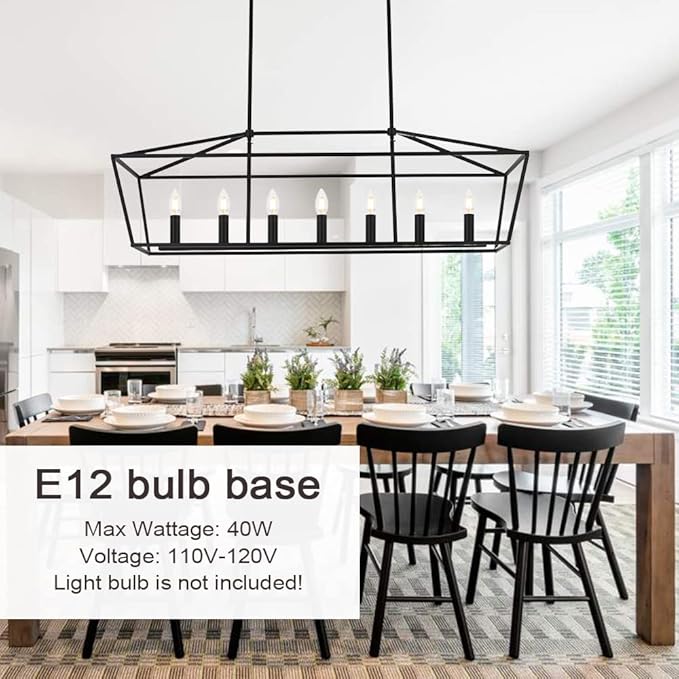 MELUCEE 7-Light Dining Room Light Fixtures Over Table, Farmhouse Chandelier Light Fixture Black Industrial Linear Pendant Lights Kitchen Island Candle Lantern Chandelier, E12 Base