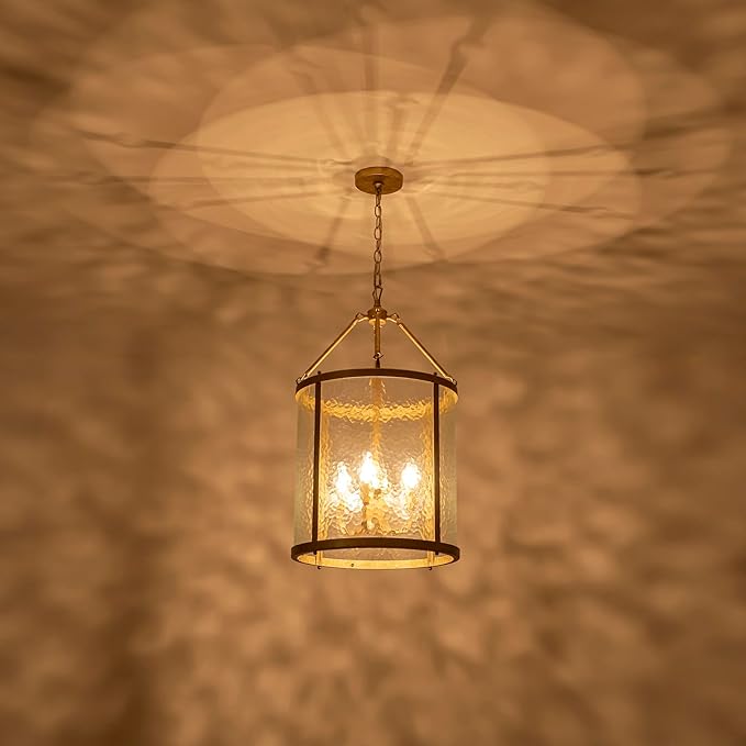 Lingkai Modern Brass Chandelier, 4-Light Water Ripple Glass Light Fixture, Lantern Farmhouse Chandeliers for Dining Room, Living Room, Foyer