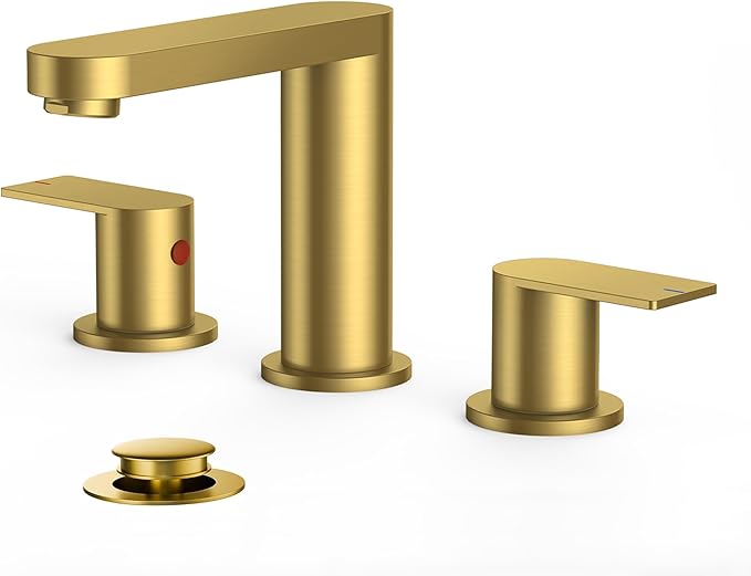 FORIOUS Brushed Gold Bathroom Faucets 3 Hole, 8 Inch Widespread Bathroom Sink Faucet with Pop-up Drain and cUPC Supply Lines for Basin, Vanity, Laundry Room, Restroom and RV