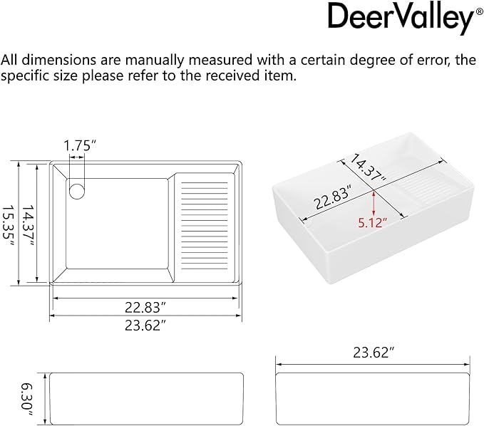 DeerValley 24x15 Inch Utility Vessel Sink, White Ceramic Rectangular Basin with Built-In Washboard and Side Drain, Laundry or Bathroom Sink, DV-1V0321