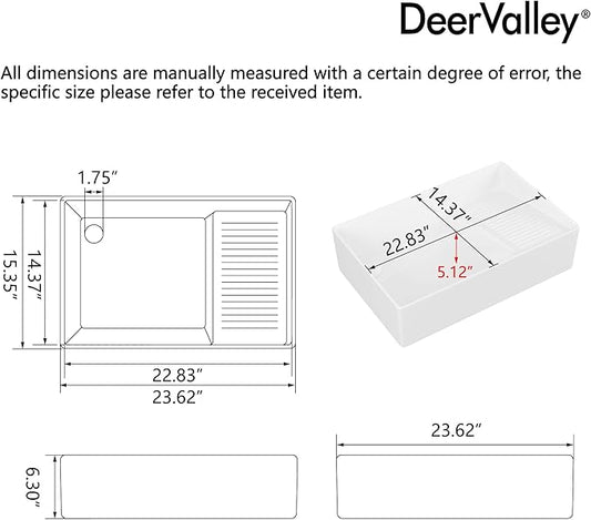 DeerValley 24x15 Inch Utility Vessel Sink, White Ceramic Rectangular Basin with Built-In Washboard and Side Drain, Laundry or Bathroom Sink, DV-1V0321