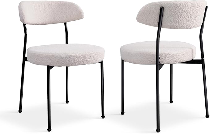 White Boucle Dining Chair Set of 2, Modern Oval Upholstered Dining Chairs with Curved Back and Metal Leg for Dining Room,Restaurant,Kitchen Island(Black Leg)