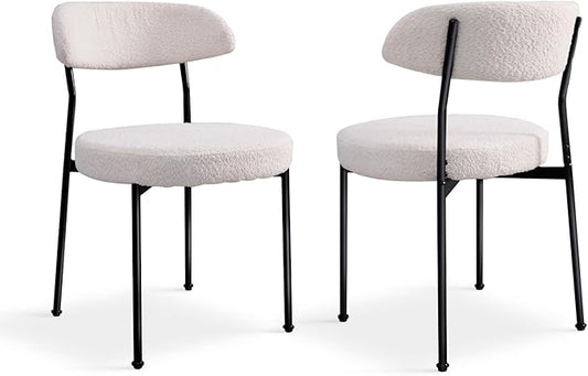 White Boucle Dining Chair Set of 2, Modern Oval Upholstered Dining Chairs with Curved Back and Metal Leg for Dining Room,Restaurant,Kitchen Island(Black Leg)
