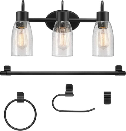 Globe Electric 63000205 5-Piece All-in-One Bathroom Accessory Set with 19" 3-Light Vanity Light, Matte Black, Seeded Glass Shades, Towel Bar, Robe Hook, Toilet Paper Holder, Towel Ring, Powder Room