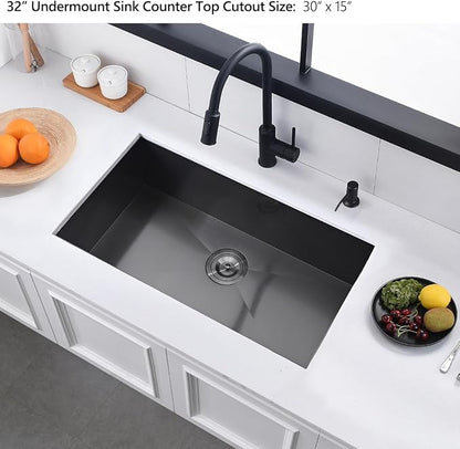 32 Undermount Black Kitchen Sink, Luckyhorse 32" x 17" x 9" 18 Gauge Gunmetal Black Stainless Steel Undermount Single Bowl Kitchen Sink LH024SQ
