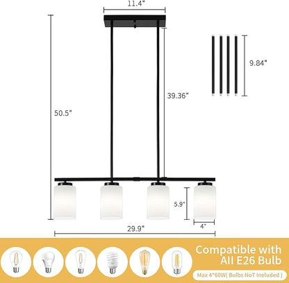 Modern Island Lights for Kitchen, Black Dining Room Light Fixtures, 4-Light Farmhouse Linear Chandeliers Over Table White Frosted Glass Adjustable Hanging Light Kitchen Pendant Lighting Over Island