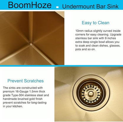 Brass Bar Sink Undermount, 15 x 17 Inch Small Wet Bar Prep Sink 16 Gauge SUS304 Stainless Steel Outdoor RV Single Bowl Basin