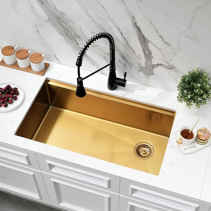 Gold Kitchen Sink Undermount, 33 x 19 Inch Gold Undermount Kitchen Sink Workstation Single Bowl 16 Gauge Stainless Steel Sink with Drain