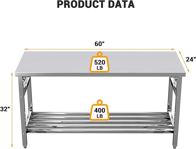 Stainless Steel Folding Table 24 x 60 Inch, Commercial Worktables Workstations, Heavy Duty Kitchen Island with Undershelf for Restaurant Kitchens Laundry, Silver