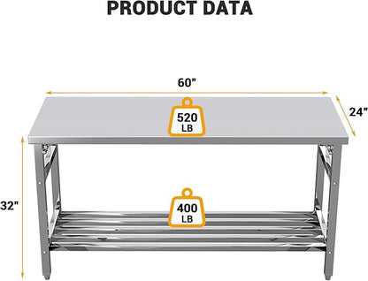 Stainless Steel Folding Table 24 x 60 Inch, Commercial Worktables Workstations, Heavy Duty Kitchen Island with Undershelf for Restaurant Kitchens Laundry, Silver