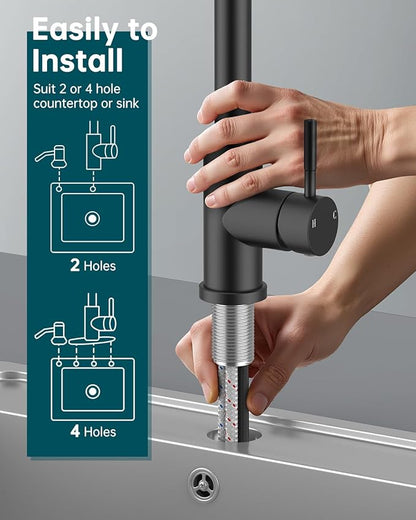 Hiqufet Black Kitchen Faucet with Soap Dispenser & Pull Down Sprayer, Rv Kitchen Sink Faucets for Pot Filler, Farmhouse Camper Bar Sink Laundry, RV Bathroom, Single Hole Single Handle Stainless Steel