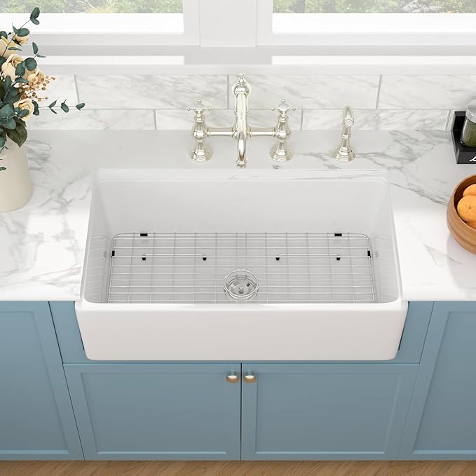 Sarlai 33 White Farmhouse Sink - 33x20 Inch Kitchen Sink Apron Front Ceramic Porcelain Vitreous Fireclay Single Bowl Farmer Sinks Basin