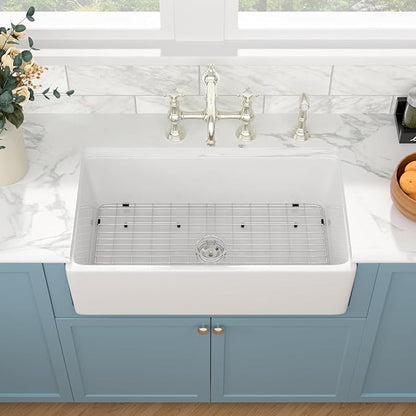 Sarlai 33 White Farmhouse Sink - 33x20 Inch Kitchen Sink Apron Front Ceramic Porcelain Vitreous Fireclay Single Bowl Farmer Sinks Basin