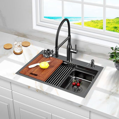 FRANIC 29" Handmade Black Bar Workstation Sink, 29" x 18" x 8" Stainless Steel Matte Nano Black Topmount Single Bowl Small Kitchen Outdoor Sink