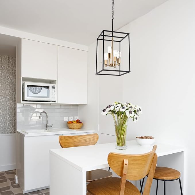 VINLUZ Retro 4 Light Large Farmhouse Chandelier Rustic Dining Room Lighting Fixtures Hanging in Black and Brushed Brass Finish Metal Square Cage Pendant Lighting for Kitchen Island