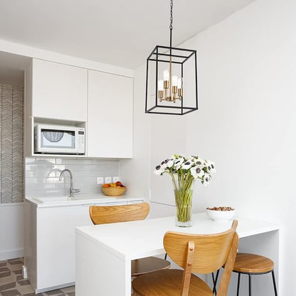 VINLUZ Retro 4 Light Large Farmhouse Chandelier Rustic Dining Room Lighting Fixtures Hanging in Black and Brushed Brass Finish Metal Square Cage Pendant Lighting for Kitchen Island