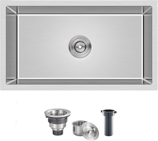 MENATT 28 Inch Undermount Kitchen Sink, 304 Stainless Steel Handmade Large Kitchen Sink, Single Bowl Sink with Drain Kit (Brushed), 28"x18"x9"