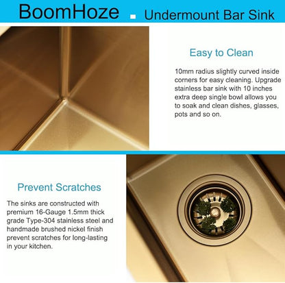 Gold Wet Bar Sink, 10 x 18 Inch Stainless Steel Small Undermount Kitchen Bar Sink 16 Gauge Single Bowl with Grid and Drain Strainer