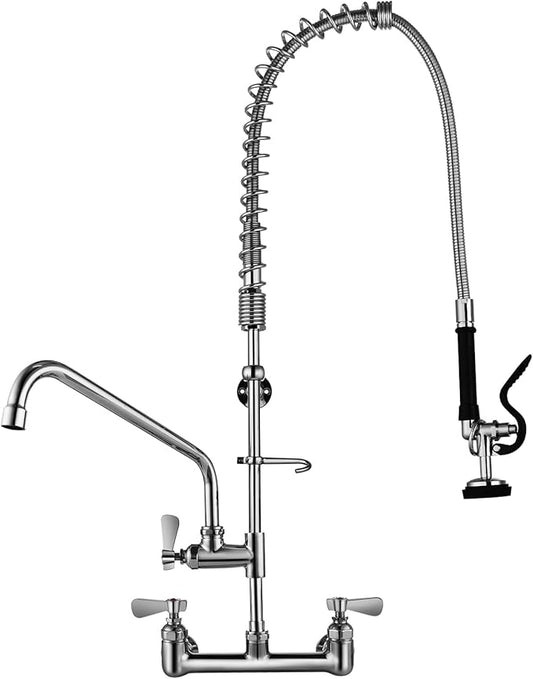 Commercial Sink Faucet with Sprayer 36" Height 8" Adjustable Center, Commercial Wall Mount Kitchen Sink Faucet with Pre-Rinse Sprayer and 12" Swing Spout for Restaurant Industrial
