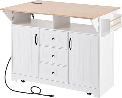 Modern Dining Table 55.7'' Large Kitchen Island with 2 Drop, Rolling Cart on 5 Wheels with Power Outlet, Folding Dining Table with Spice Rack, 3 Drawers, Counter,White-MDF