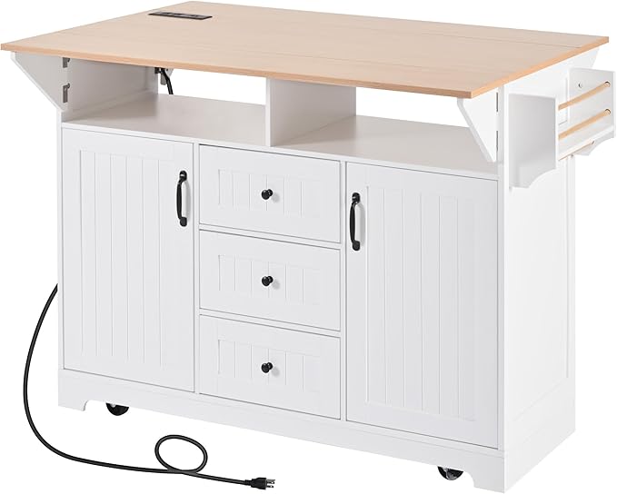 Modern Dining Table 55.7'' Large Kitchen Island with 2 Drop, Rolling Cart on 5 Wheels with Power Outlet, Folding Dining Table with Spice & Towel Rack for Kitchen Living Room,White-MDF