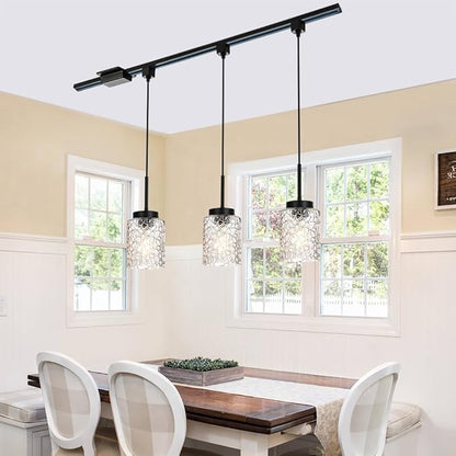 VINLUZ 3-Pack H-Type Track Lighting Pendant Fixture with Clear Glass Shades, Industrial Ceiling Hanging Light Black Finish for Kitchen Island
